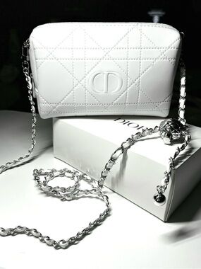Dior White Quilted Cosmetic/Makeup Pouch/ with Add -on Silver Chain NWB